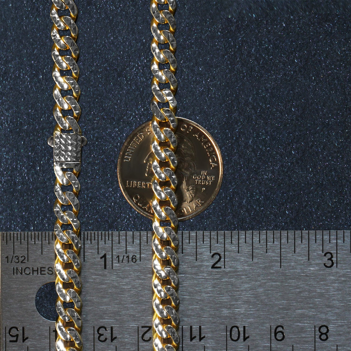 14k Yellow Gold White Pave High Polish Modern Lite Miami Cuban Chain (6.50 mm)