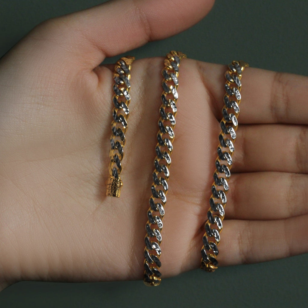 14k Yellow Gold White Pave High Polish Modern Lite Miami Cuban Chain (6.50 mm)