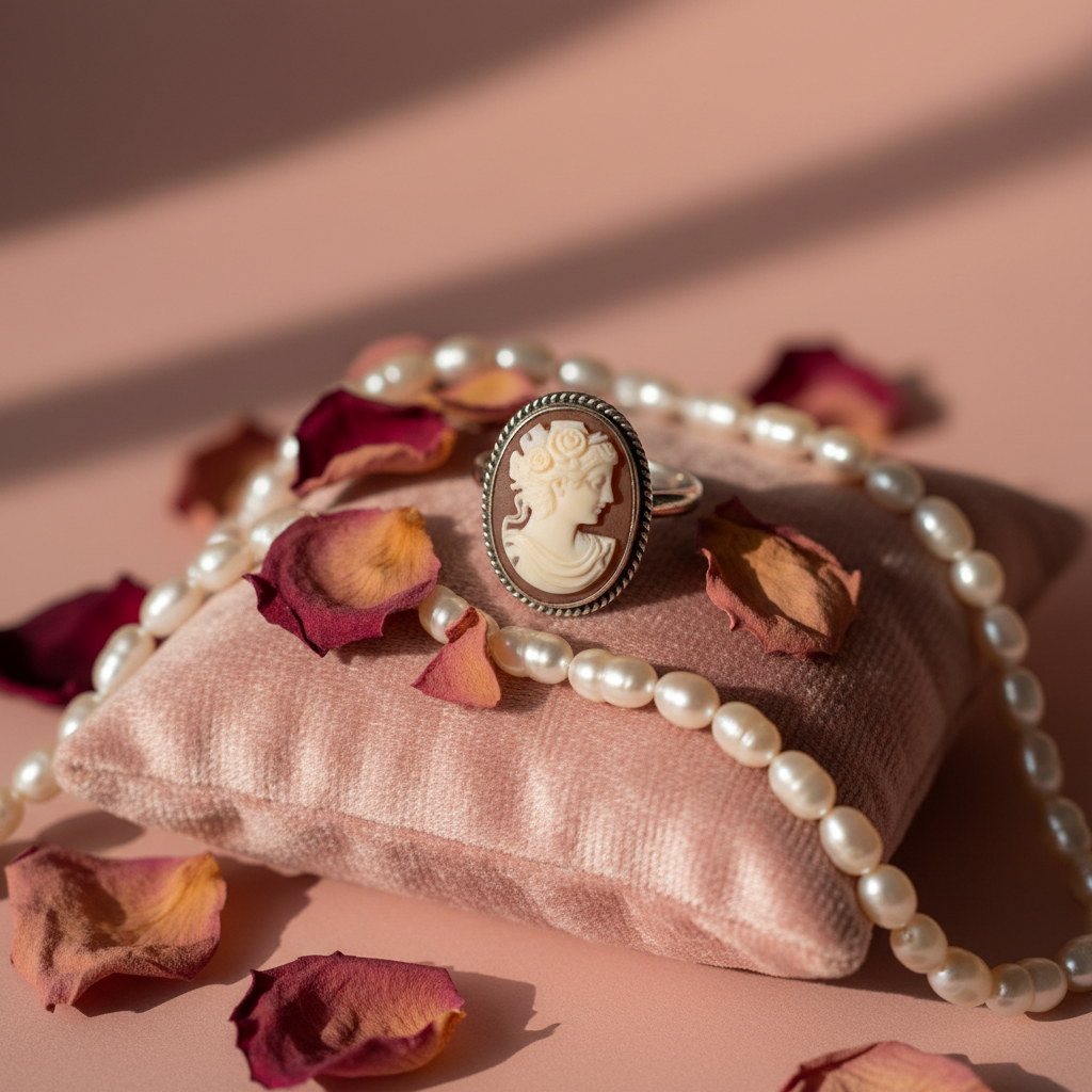 Victorian Rose Cameo Ring on pink velvet with rose petals