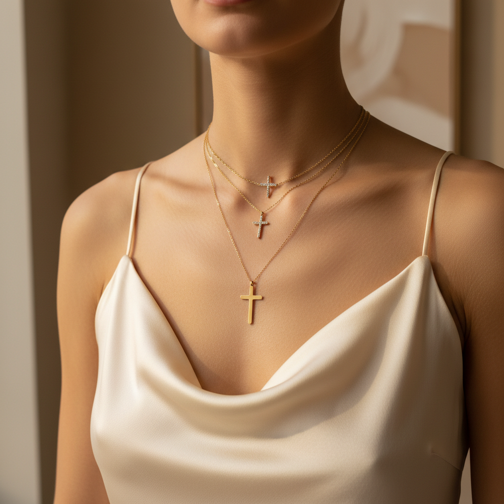 Divine Layers Cross Necklace Set styled on model with silk top